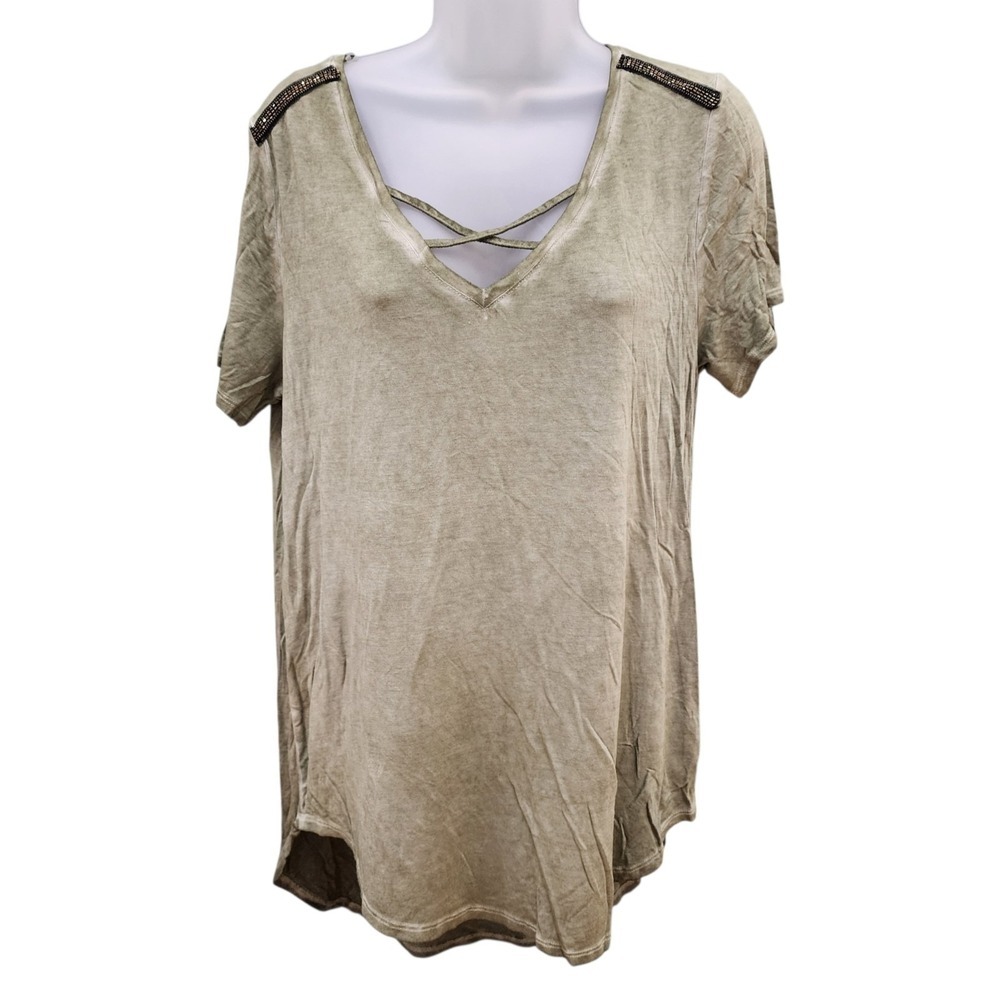 Seven7 Women's Medium Green Criss Cross V-Neck Top NWT Studded Shoulder Boho